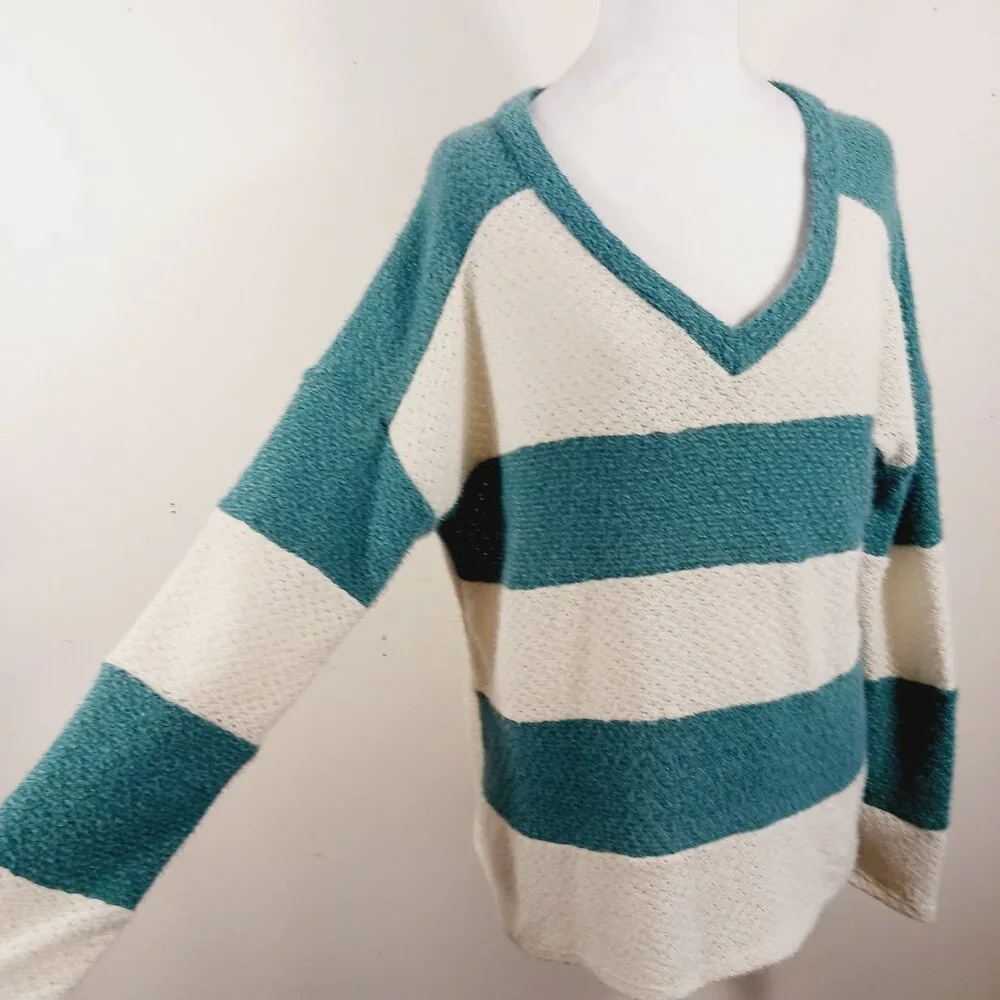 Bibi Women's MED Green & Cream Pullover Sweater Rugby Stripe Front, Relaxed Fit